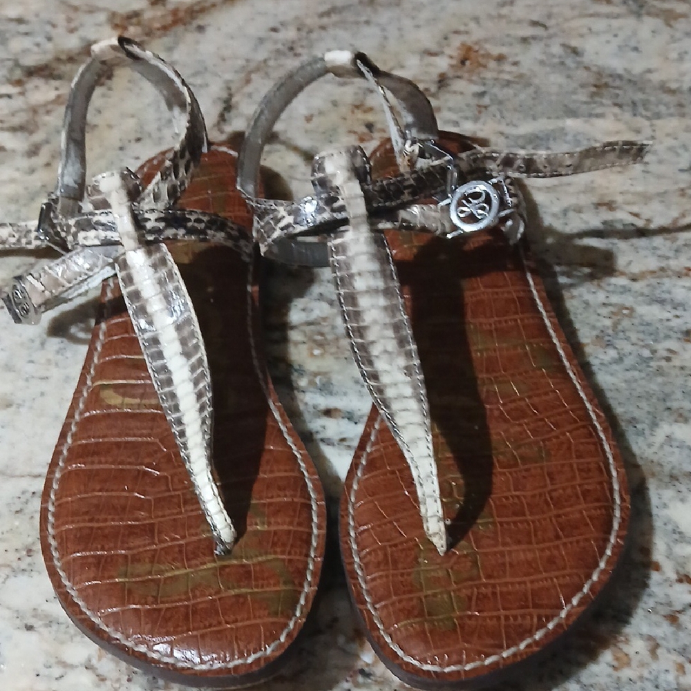 Sam Edelman Flat T-strap Leather Snake-Print Sandals
